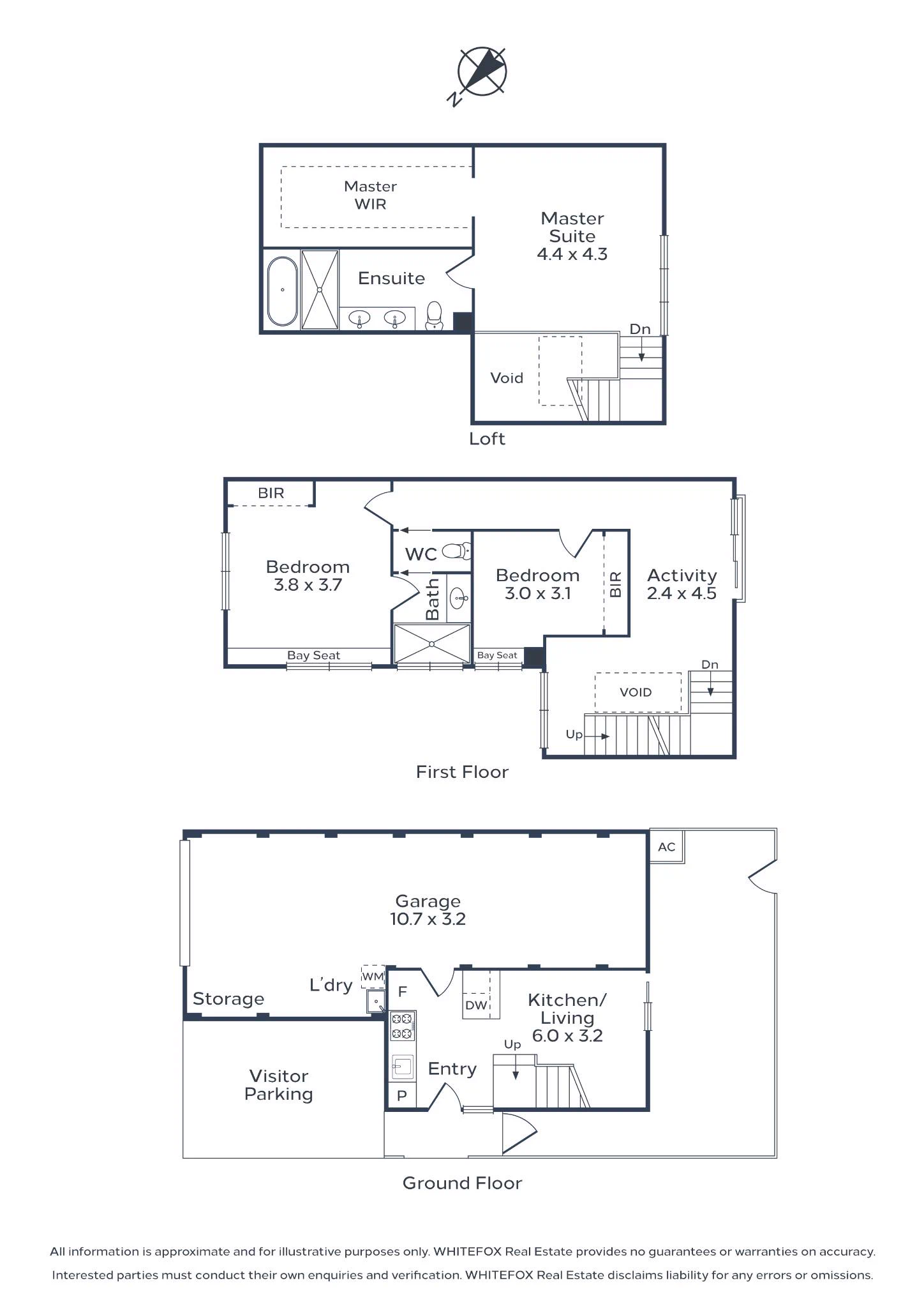 Floorplan for Lot 1 over three levels. Ground floor: entry, tandem garage, storage, laundry, kitchen and living. First floor: two bedrooms with bay seats, bathroom, separate WC and an activity room. Loft: master suite with walk-in robe and ensuite.