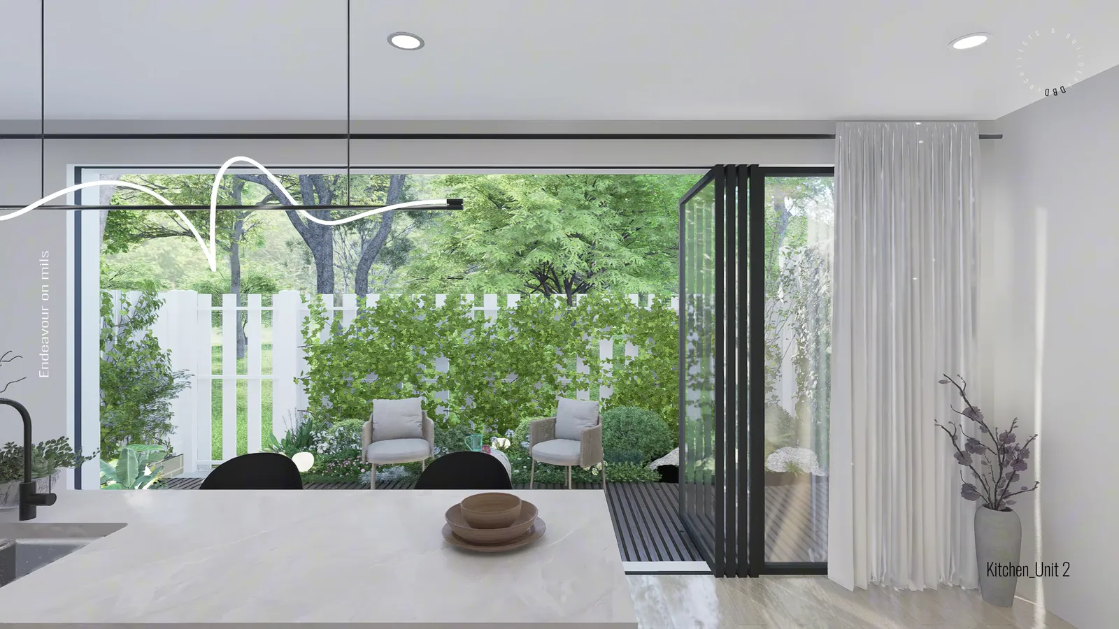 Still from the walkthrough film: a stone kitchen island under a curved pendant, with the stacker doors folded fully open onto a decked courtyard, garden beds and a white picket fence.